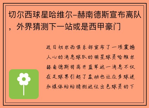 切尔西球星哈维尔-赫南德斯宣布离队，外界猜测下一站或是西甲豪门