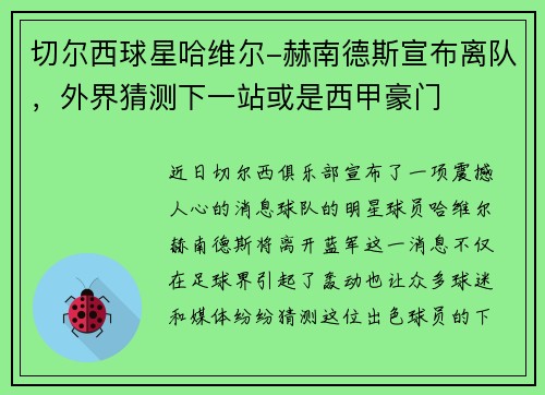 切尔西球星哈维尔-赫南德斯宣布离队，外界猜测下一站或是西甲豪门