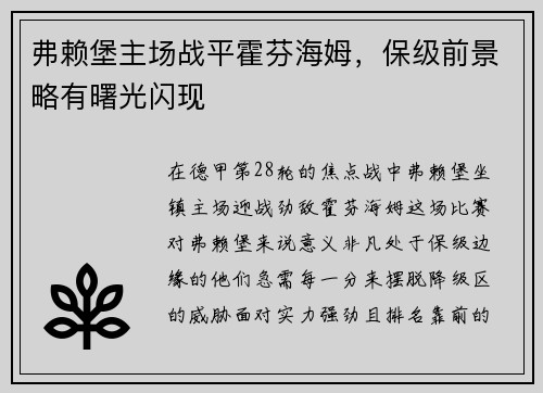 弗赖堡主场战平霍芬海姆，保级前景略有曙光闪现