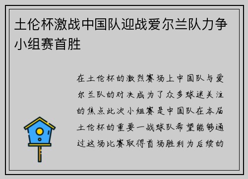 土伦杯激战中国队迎战爱尔兰队力争小组赛首胜